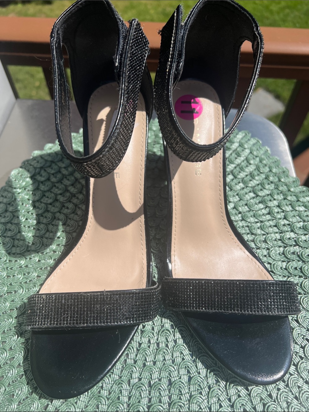NWT size 11 Rampage  Black Sparkle Ankle-Strap Bloch Heel Sandals.